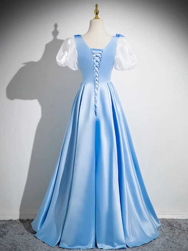 Chic / Beautiful Sky Blue Prom Dresses 2024 A-Line / Princess Square Neckline Bow Puffy Short Sleeve Backless Floor-Length / Long Prom Formal Dresses