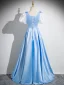 Chic / Beautiful Sky Blue Prom Dresses 2024 A-Line / Princess Square Neckline Bow Puffy Short Sleeve Backless Floor-Length / Long Prom Formal Dresses