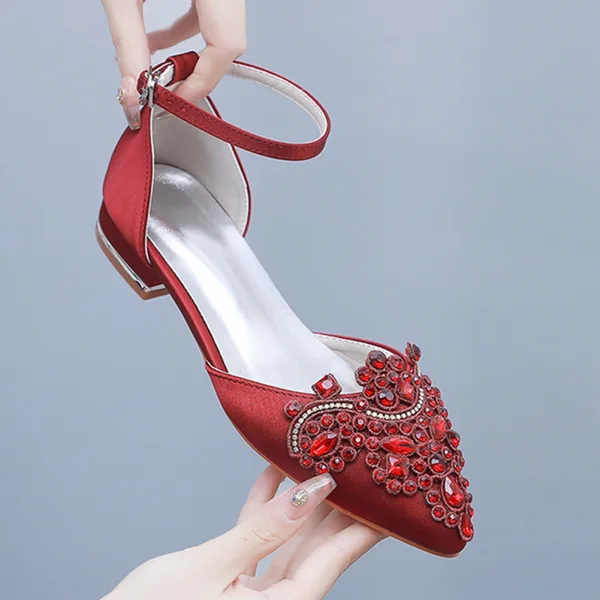 Chic / Beautiful Dark Green Rhinestone Prom Flat Womens Shoes Womens Sandals 2024 Ankle Strap Pointed Toe Sandals