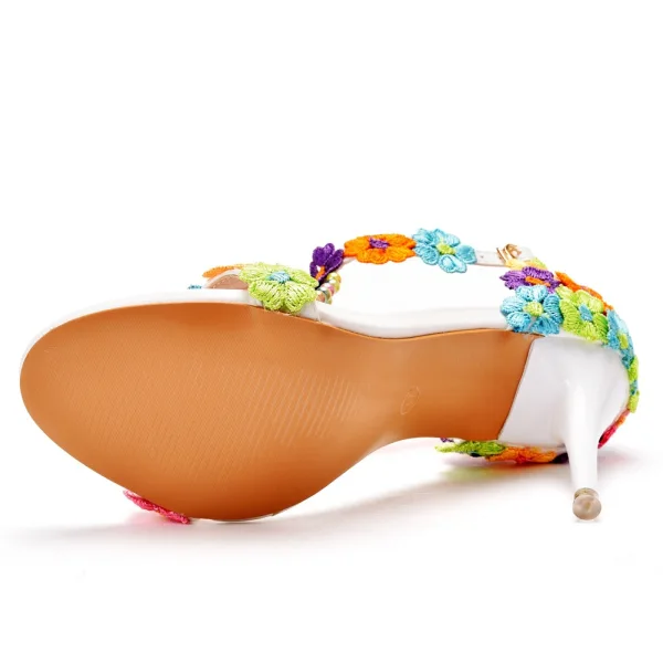 Chic / Beautiful Flower Fairy Multi-Colors Wedding Shoes 2022 Lace Flower Pearl T-Strap 9 cm Stiletto Heels Open / Peep Toe Wedding Sandals High Heels