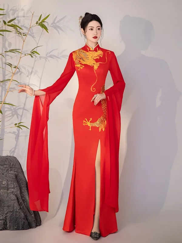 Chinese style Red Embroidered Split Front Evening Party Cheongsam 2025 Trumpet / Mermaid High Neck Long Sleeve Floor-Length / Long Cheongsam / Qipao