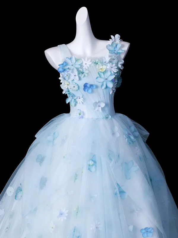 Fée Des Fleurs Bleu Ciel Perle Appliques Robe De Bal 2026 Robe Boule Encolure Carrée Sans Manches Dos Nu