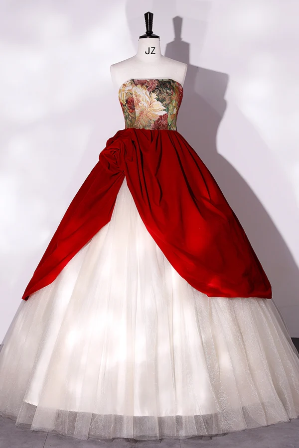 Vintage / Retro Burgundy Printing Prom Dresses 2022 Ball Gown Strapless Sleeveless Backless Floor-Length / Long Prom Formal Dresses