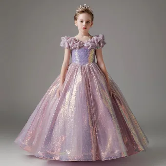 Sparkly Lilac Pearl Sequins Birthday Ball Gown Flower Girl Dresses 2024 Scoop Neck Short Sleeve Floor Length Long