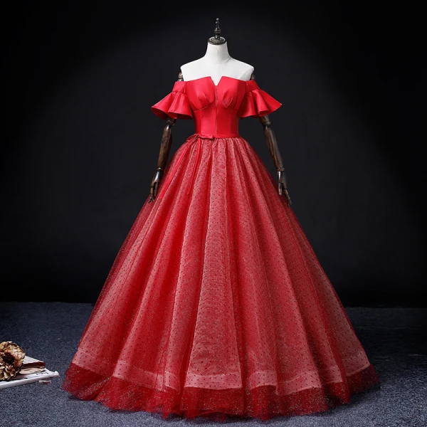 Elegant Red Spotted Prom Dresses 2022 Ball Gown Off-The-Shoulder Bell sleeves Backless Bow Sash Floor-Length / Long Formal Dresses