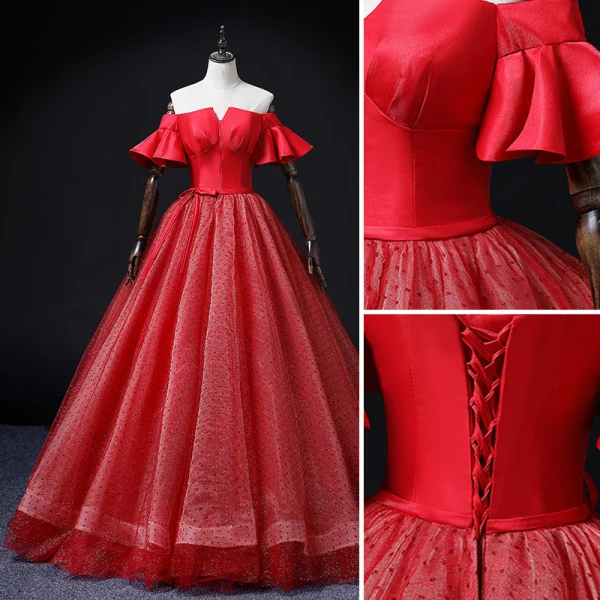 Elegant Red Spotted Prom Dresses 2022 Ball Gown Off-The-Shoulder Bell sleeves Backless Bow Sash Floor-Length / Long Formal Dresses