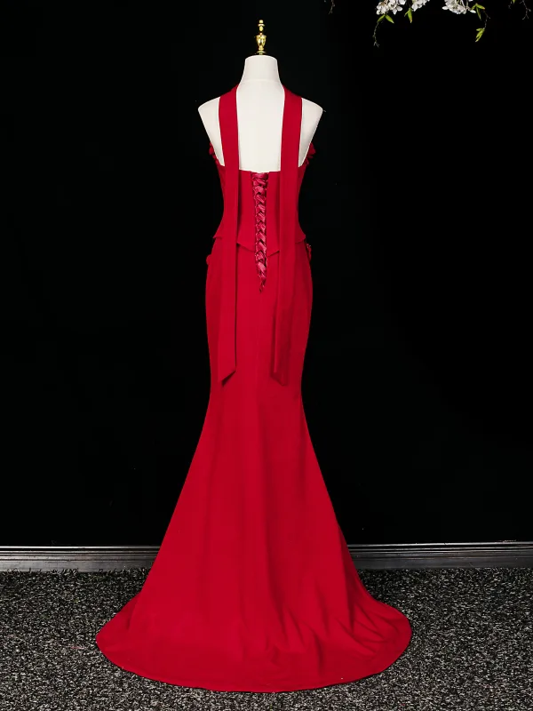 Chic / Belle Rouge Perlage Appliques Robe De Soirée 2026 Trompette / Sirène Bustier Sans Manches Dos Nu Train De Balayage Robe De Ceremonie