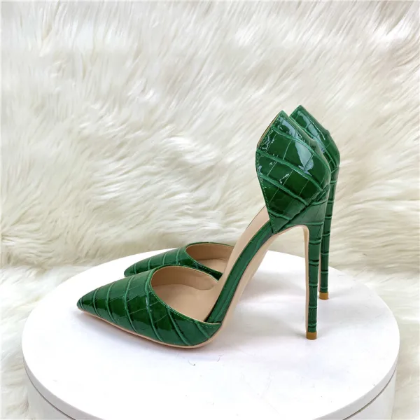 Sexy Dunkelgrün Krokodil-Muster Abend Spitzschuh Sandalen Damen 2023 12 cm Stilettos Sandaletten Hochhackige