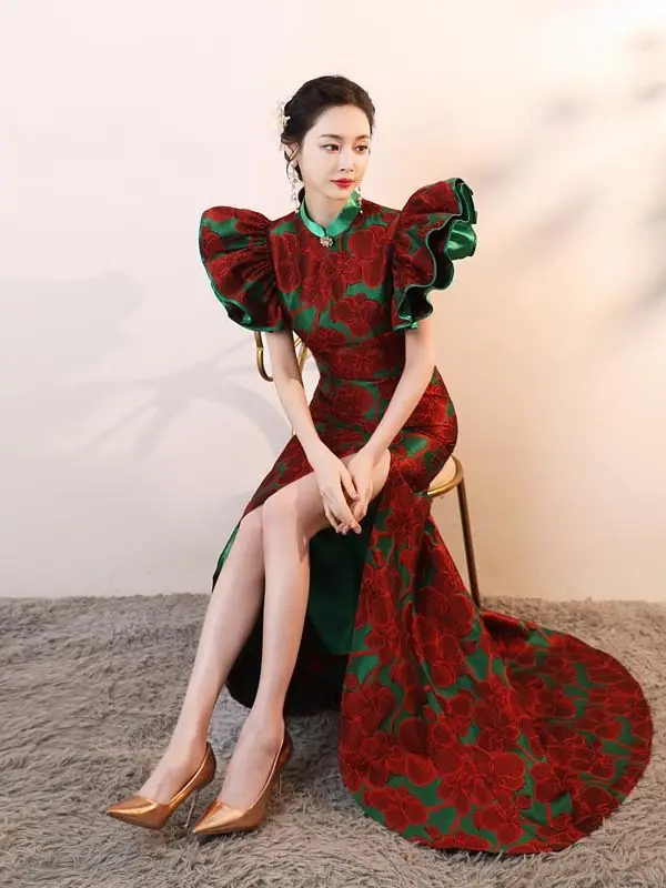 Chinese style Burgundy Printing Evening Party Cheongsam 2026 Trumpet / Mermaid High Neck Puffy Short Sleeve Sweep Train