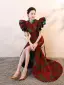 Chinese style Burgundy Printing Evening Party Cheongsam 2026 Trumpet / Mermaid High Neck Puffy Short Sleeve Sweep Train