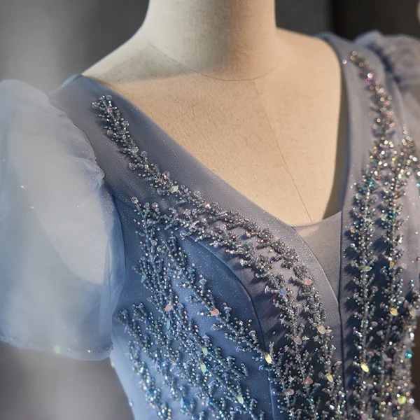 Chic / Beautiful Sky Blue Beading Rhinestone Prom Dresses 2023 A-Line / Princess V-Neck Puffy Short Sleeve Backless Floor-Length / Long Prom Formal Dresses