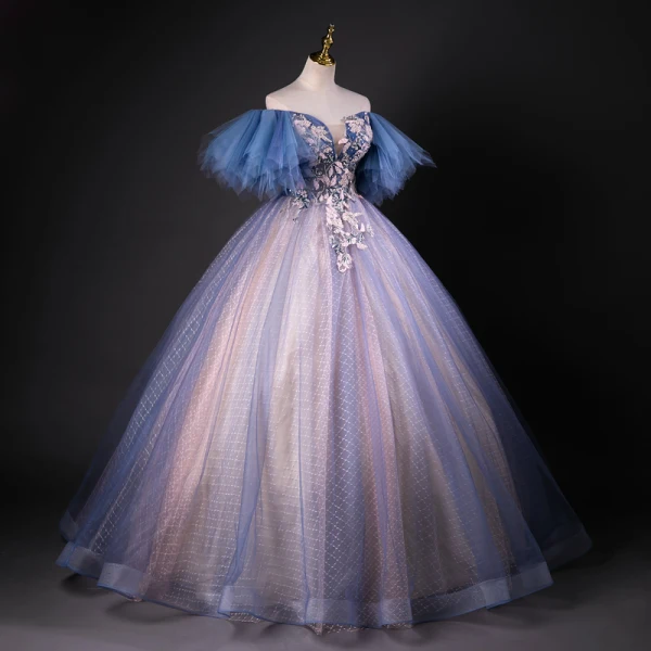 Vintage / Retro Ocean Blue Beading Sequins Prom Dresses 2023 Ball Gown Off-The-Shoulder Short Sleeve Backless Floor-Length / Long Formal Dresses