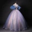 Vintage / Retro Ocean Blue Beading Sequins Prom Dresses 2023 Ball Gown Off-The-Shoulder Short Sleeve Backless Floor-Length / Long Formal Dresses