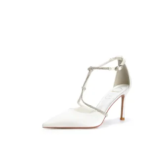 Charmant Blanche Faux Diamant T Strap Chaussure De Mariée 2025 Satin 6 Cm Talons Aiguilles À Bout Pointu Mariage Talons Hauts