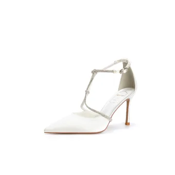 Charmant Blanche Faux Diamant T Strap Chaussure De Mariée 2025 Satin 6 Cm Talons Aiguilles À Bout Pointu Mariage Talons Hauts