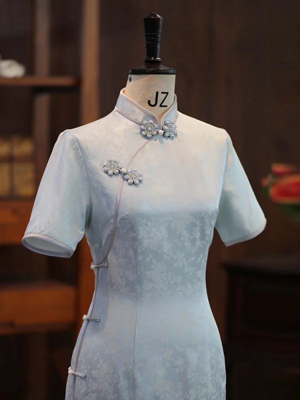 Chinese style Sky Blue Silk Printing Evening Party Cheongsam 2024 Trumpet / Mermaid High Neck Short Sleeve Tea-length