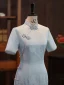 Chinese style Sky Blue Silk Printing Evening Party Cheongsam 2024 Trumpet / Mermaid High Neck Short Sleeve Tea-length