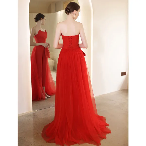 Inhabituel Rouge Combinaison Robe De Soirée 2022 Bustier Sans Manches Dos Nu Train De Balayage Soirée