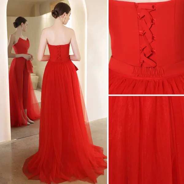 Inhabituel Rouge Combinaison Robe De Soirée 2022 Bustier Sans Manches Dos Nu Train De Balayage Soirée