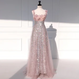 Charmant Rougissant Rose Paillettes Appliques Robe De Soirée 2023 Princesse Bretelles Spaghetti Sans Manches Dos Nu Longue Soirée Robe De Ceremonie