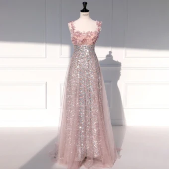 Charming Blushing Pink Sequins Appliques Evening Dresses 2023 A Line Princess Spaghetti Straps Sleeveless Backless Floor Length Long Evening Party Formal Dresses