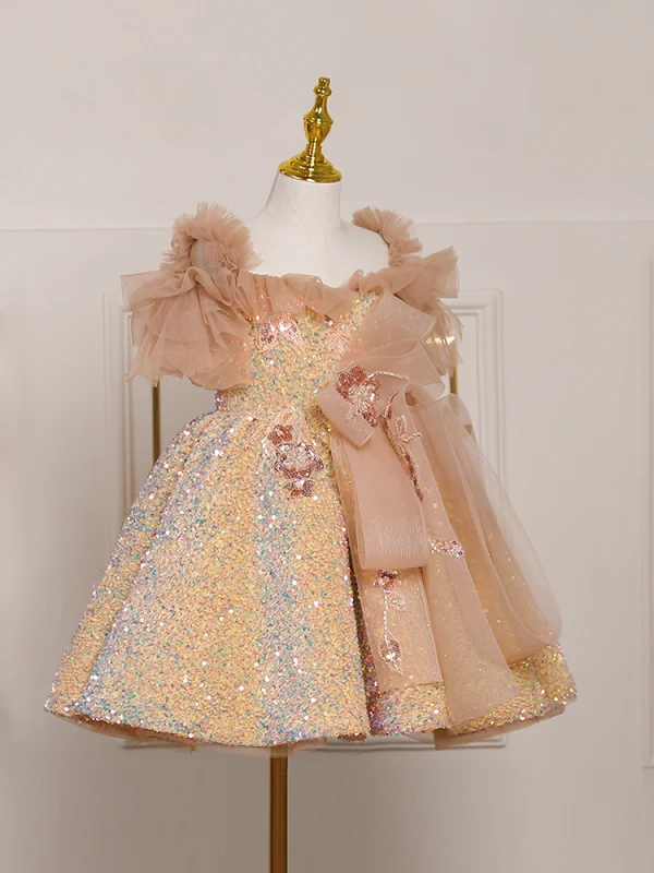 Scintillantes Champagne Perlage Paillettes Anniversaire Courte Robe Ceremonie Fille 2024 Robe Boule Encolure Carrée Manches Courtes Dos Nu