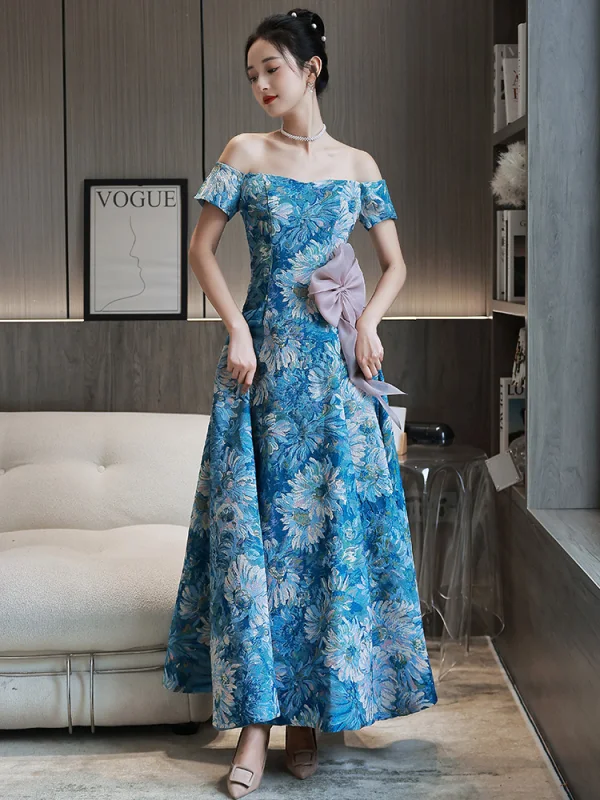 Fancy Ocean Blue Printing Prom Dresses 2022 A-Line / Princess Off-The-Shoulder Short Sleeve Backless Bow Floor-Length / Long Formal Dresses