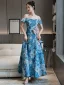 Fancy Ocean Blue Printing Prom Dresses 2022 A-Line / Princess Off-The-Shoulder Short Sleeve Backless Bow Floor-Length / Long Formal Dresses