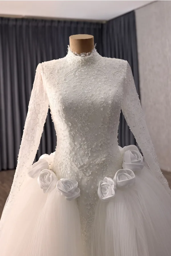 High-end Elegant White Handmade  Beading Pearl Sequins Appliques Lace Flower Wedding Dresses 2026 Trumpet / Mermaid High Neck Long Sleeve