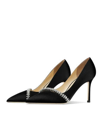 Sexy Svart Rhinestone Aften Pumps 2024 Lær 10 Cm Stiletthæler Spisse Pumps Høyhælte