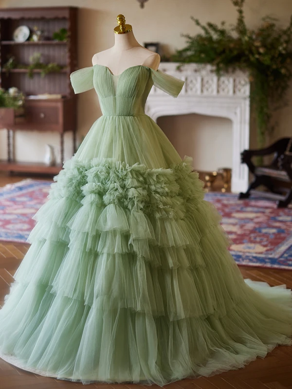Chic / Beautiful Sage Green Cascading Ruffles Pleated Prom Dresses 2024 Ball Gown Off-The-Shoulder Short Sleeve Backless Sweep Train Prom Formal Dresses