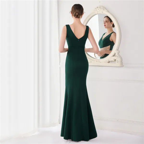 Chic / Beautiful White Satin Evening Dresses 2022 Trumpet / Mermaid V-Neck Sleeveless Backless Rhinestone Split Front Floor-Length / Long Evening Party Formal Dresses