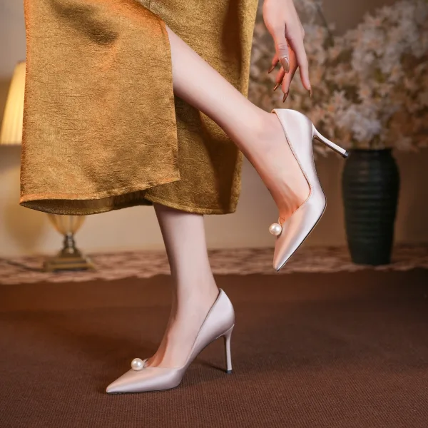 Elegant Champagne Pearl Leather Wedding Shoes 2026 8 cm Stiletto Heels Pointed Toe Wedding Pumps High Heels
