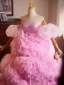 Charming Candy Pink Pleated Prom Dresses 2024 Ball Gown Off-The-Shoulder Puffy Short Sleeve Sweep Train Prom Formal Dresses
