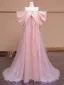 Lovely Candy Pink Bow Prom Dresses 2024 A-Line / Princess Off-The-Shoulder Short Sleeve Backless Sweep Train Prom Formal Dresses