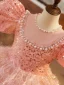 Lovely Blushing Pink Pearl Sequins Rhinestone Tassel Birthday Flower Girl Dresses 2024 Ball Gown Scoop Neck Puffy Short Sleeve Backless Floor-Length / Long