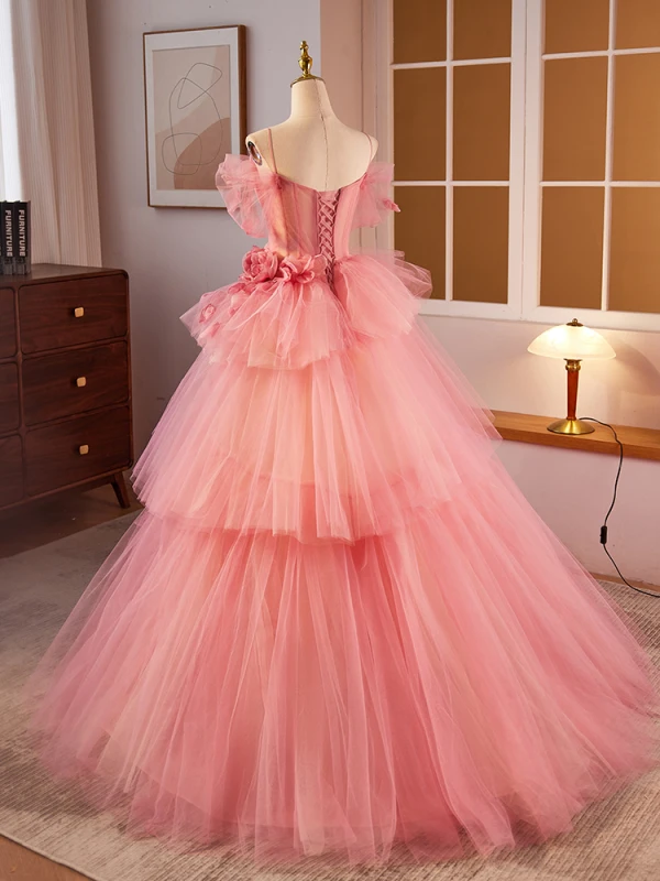 Chic / Belle Rougissant Rose Volants en Cascade Appliques Robe De Bal 2024 Robe Boule Bretelles Spaghetti Manches Courtes Dos Nu Longue Promo Robe De Ceremonie