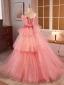 Chic / Belle Rougissant Rose Volants en Cascade Appliques Robe De Bal 2024 Robe Boule Bretelles Spaghetti Manches Courtes Dos Nu Longue Promo Robe De Ceremonie