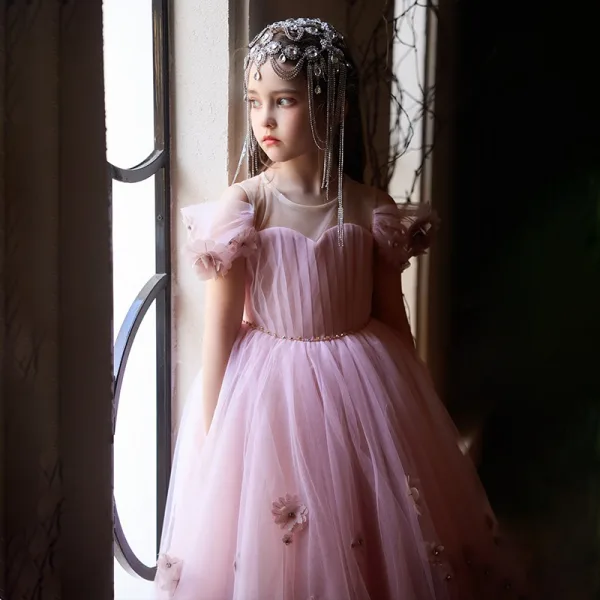 Chic / Beautiful Blushing Pink Appliques Birthday Flower Girl Dresses 2025 A-Line / Princess Scoop Neck Short Sleeve Floor-Length / Long