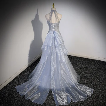 Sexy Sparkly Grey Beading Sequins Tassel Evening Dresses 2023 A Line Princess Halter Sleeveless Backless Bow Sweep Train Evening Party Formal Dresses