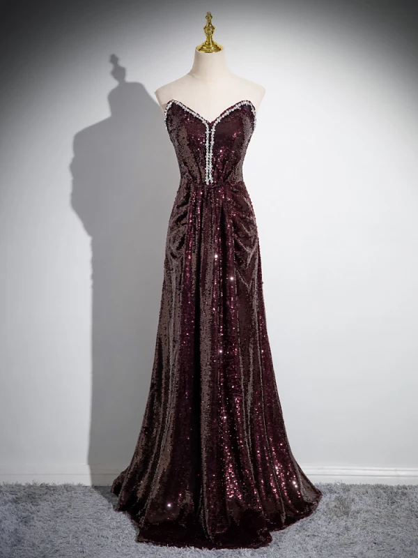 Sparkly Vintage / Retro Burgundy Beading Sequins Prom Dresses 2024 A-Line / Princess Off-The-Shoulder Short Sleeve Backless Floor-Length / Long Prom Formal Dresses