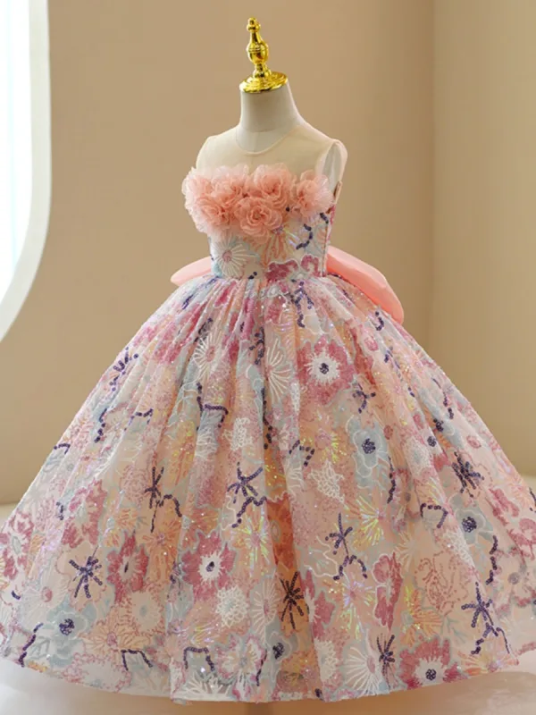 Charming Champagne Beading Rhinestone Sequins Appliques Flower Girl Dresses 2023 Ball Gown Scoop Neck Birthday Sleeveless Backless Bow Floor-Length / Long