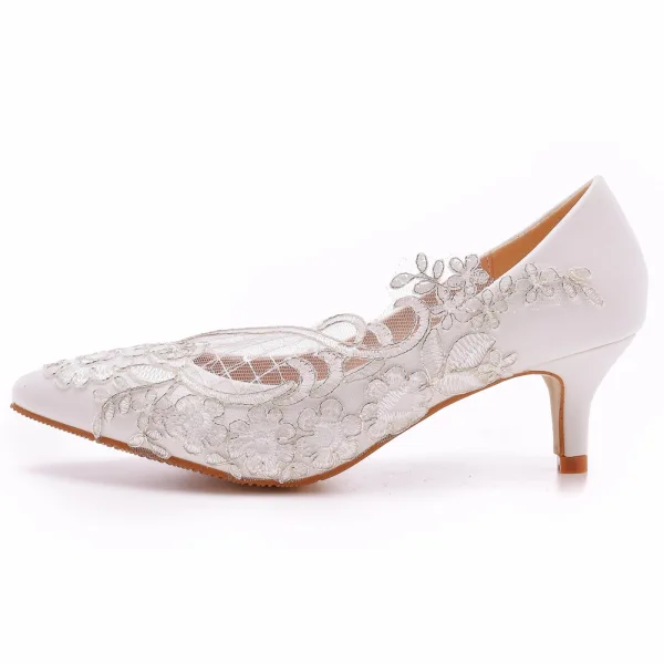 Élégant Blanche En Dentelle Fleur Paillettes Chaussure De Mariée 2023 5 cm Talons Aiguilles À Bout Pointu Mariage Escarpins Talons Hauts
