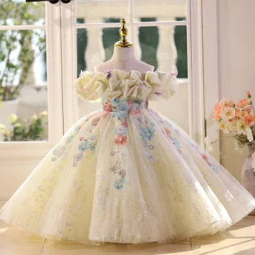 Flower Fairy Sage Green Beading Appliques Sequins Birthday Flower Girl Dresses 2025 Ball Gown Scoop Neck Short Sleeve Backless Floor Length Long