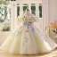 Chic / Belle Champagne Perlage Perle Appliques Paillettes Anniversaire Robe Ceremonie Fille 2025 Robe Boule Encolure Dégagée Gonflée Manches Courtes Dos Nu Longue