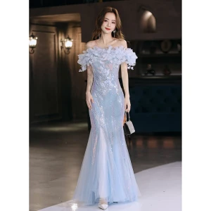 Sparkly Sky Blue Beading Appliques Sequins Prom Dresses 2024 Trumpet Mermaid Off The Shoulder Short Sleeve Backless Floor Length Long Prom Formal Dresses