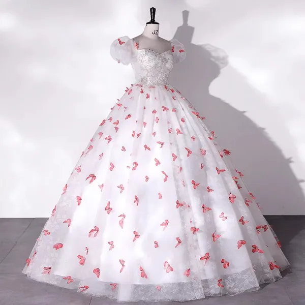 Chic / Beautiful White Prom Dresses 2022 Ball Gown Off-The-Shoulder Butterfly Appliques Sequins Lace Flower Short Sleeve Backless Floor-Length / Long Formal Dresses
