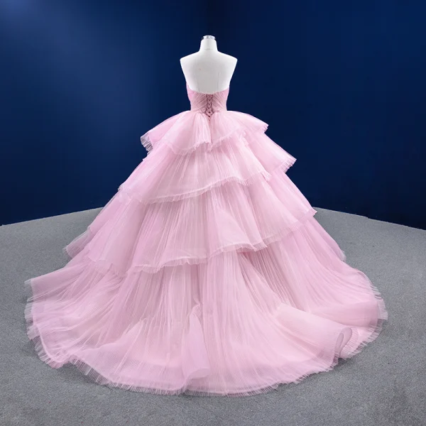 High-end Blushing Pink Cascading Ruffles Prom Dresses 2022 Ball Gown Strapless Rhinestone Sleeveless Backless Court Train Prom Formal Dresses
