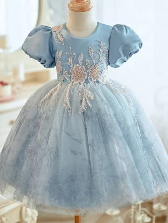 Chic Belle Bleu Ciel Perlage Paillettes Courte Anniversaire Robe Ceremonie Fille 2023 Robe Boule Encolure Dégagée Gonflée Manches Courtes Dos Nu Tulle