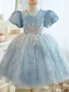 Chic / Beautiful Sky Blue Beading Sequins Short Birthday Flower Girl Dresses 2023 Ball Gown Scoop Neck Puffy Short Sleeve Backless Tulle